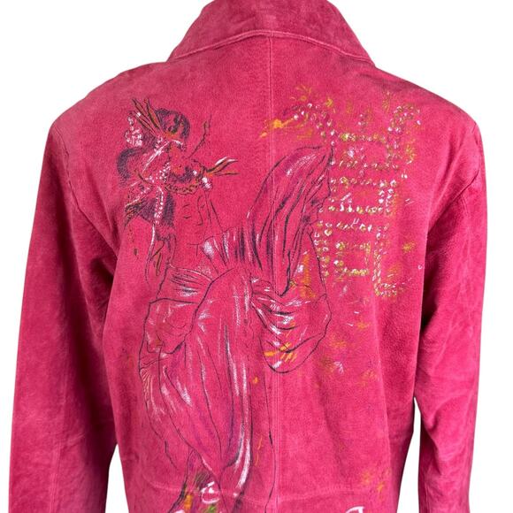 Look East Red Asian Geisha 100% Leather Collared Long Sleeve Button Down Jacket - Picture 9 of 11